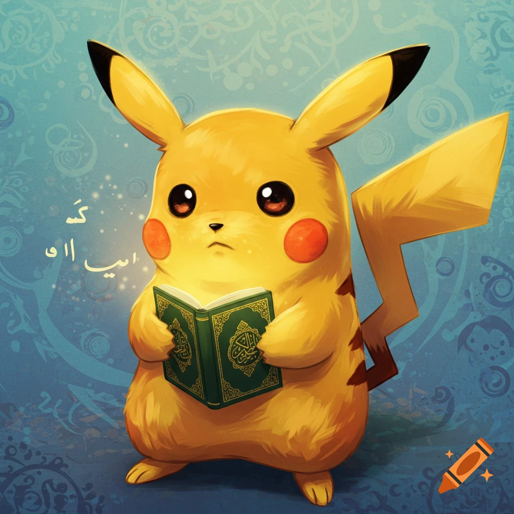 Digital illustration of Pikachu with a serious expression holding a book resembling the Quran.