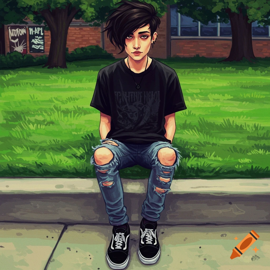 Illustration of an emo casual person sitting on a curb outside a school building.