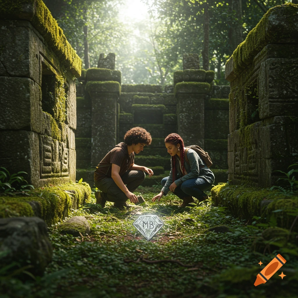 Two people search for a diamond marked MB among ancient ruins in a forest.