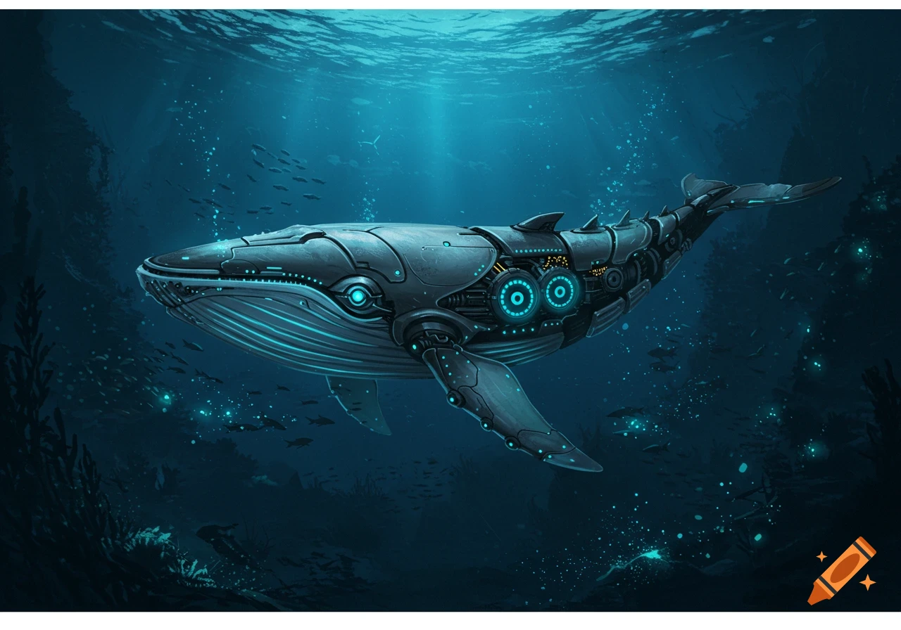 Digital illustration of a robotic whale with glowing blue lights swimming underwater among fish.