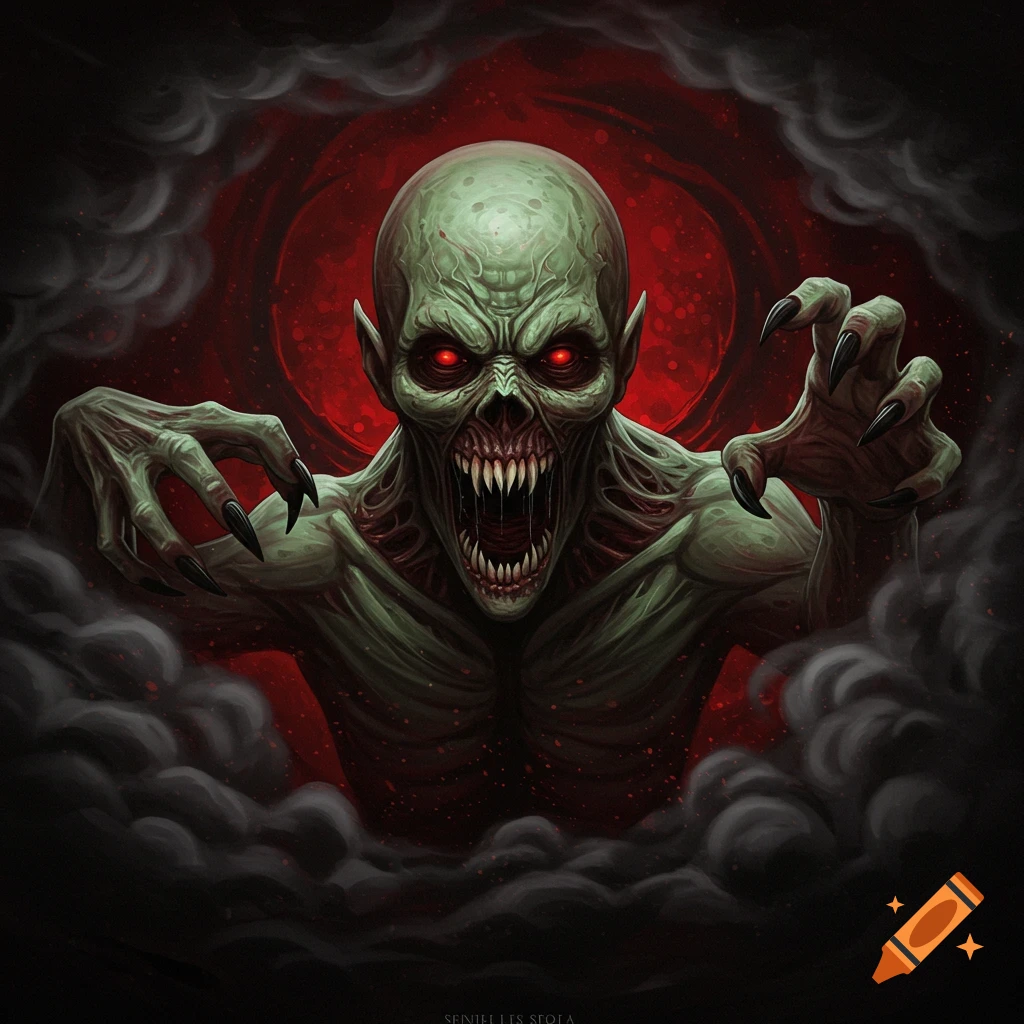 A green-skinned monstrous creature with red eyes and claws emerges from smoke against a red background.