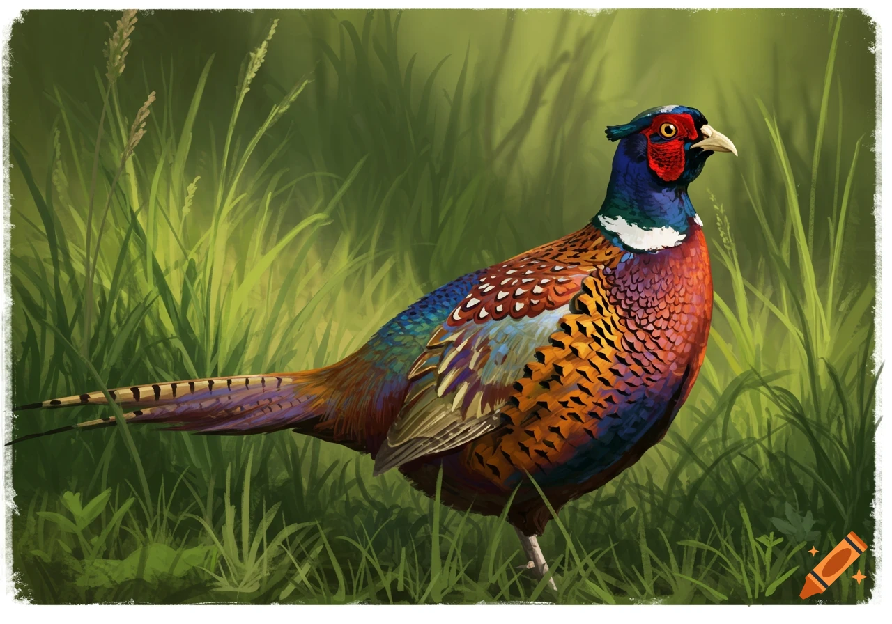 A colorful pheasant stands in tall green grass, depicted in a painted illustration style.