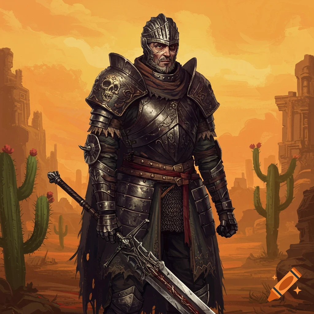 A dark knight in heavy armor stands in a desert wasteland with cacti, holding a bloodied sword.