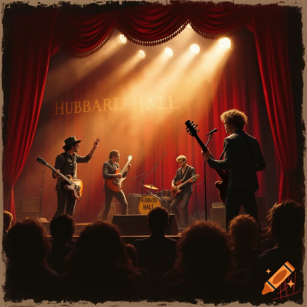 A band plays on a stage under spotlights, framed by red curtains, with "HUBBARD HALL" visible on the backdrop and drum.