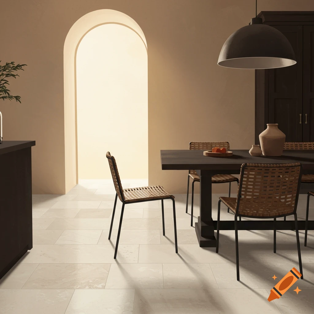 Contemporary Spanish dining room with a dark table, wicker chairs, arched opening, and light tile floor.