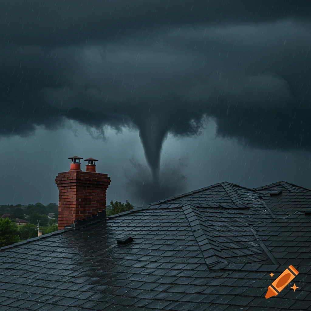 A dark stormy sky with a tornado above a house roof during rain.
