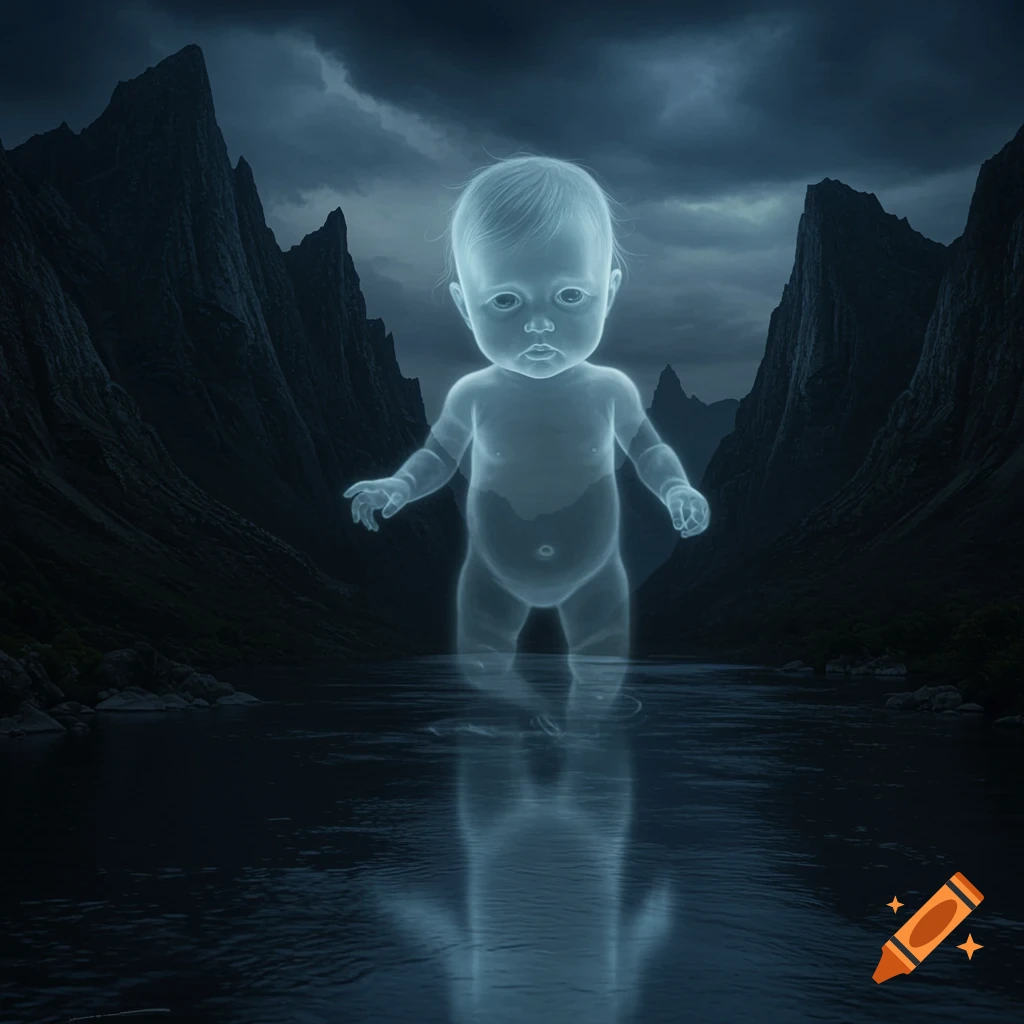 A translucent ghost baby stands in a dark river surrounded by moody mountains under a stormy sky.