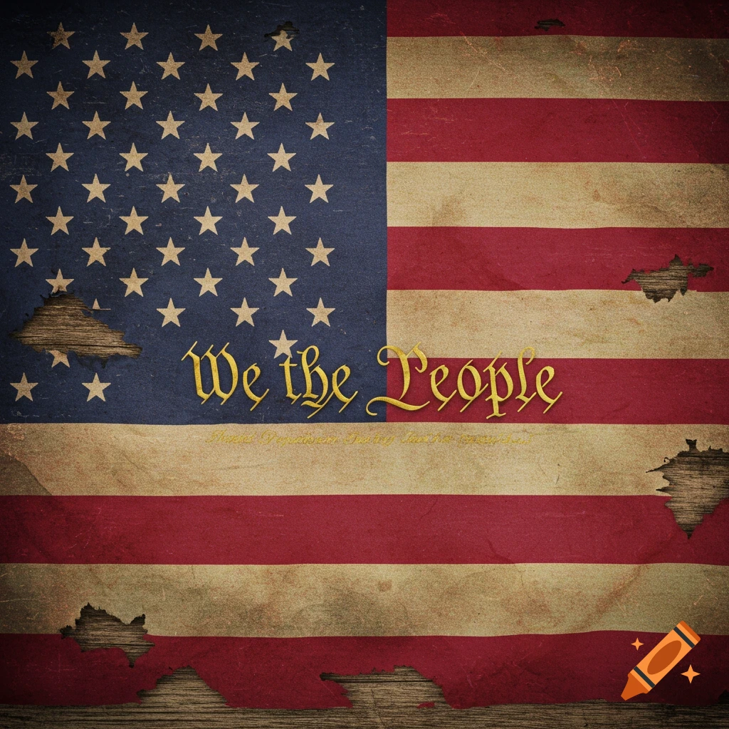 A tattered American flag with 'We the People' in gold script.