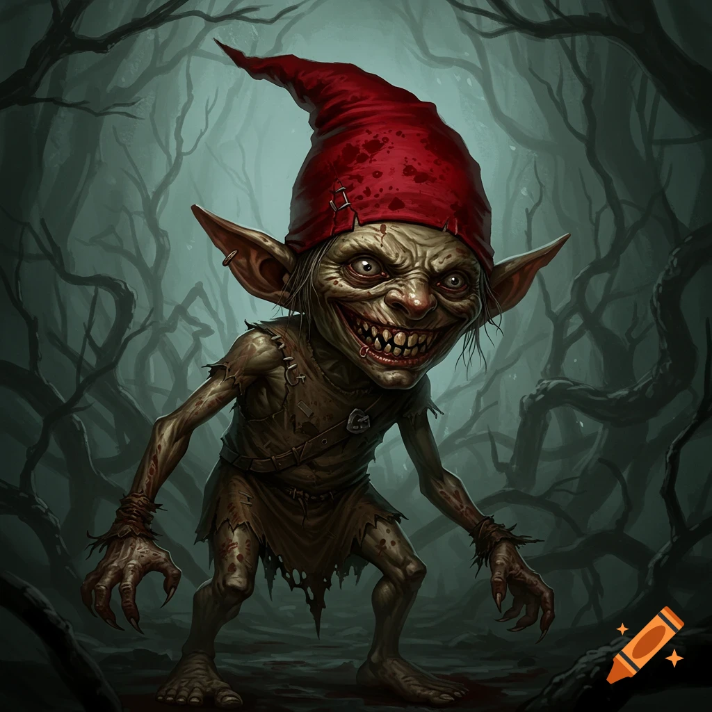 A creepy redcap goblin with sharp teeth and a red hat stands in a dark forest.
