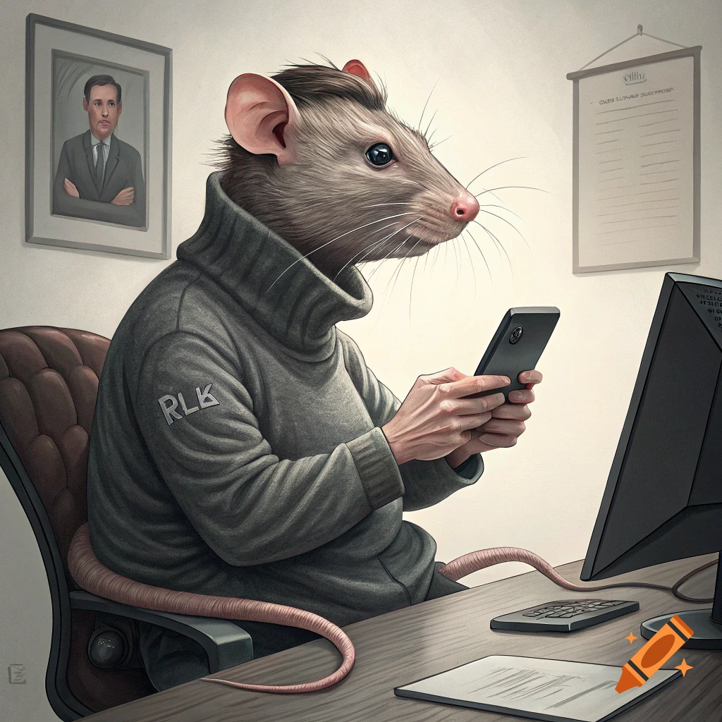 A rat caricature wearing a turtleneck sweater sits at a desk, looking at a smartphone.