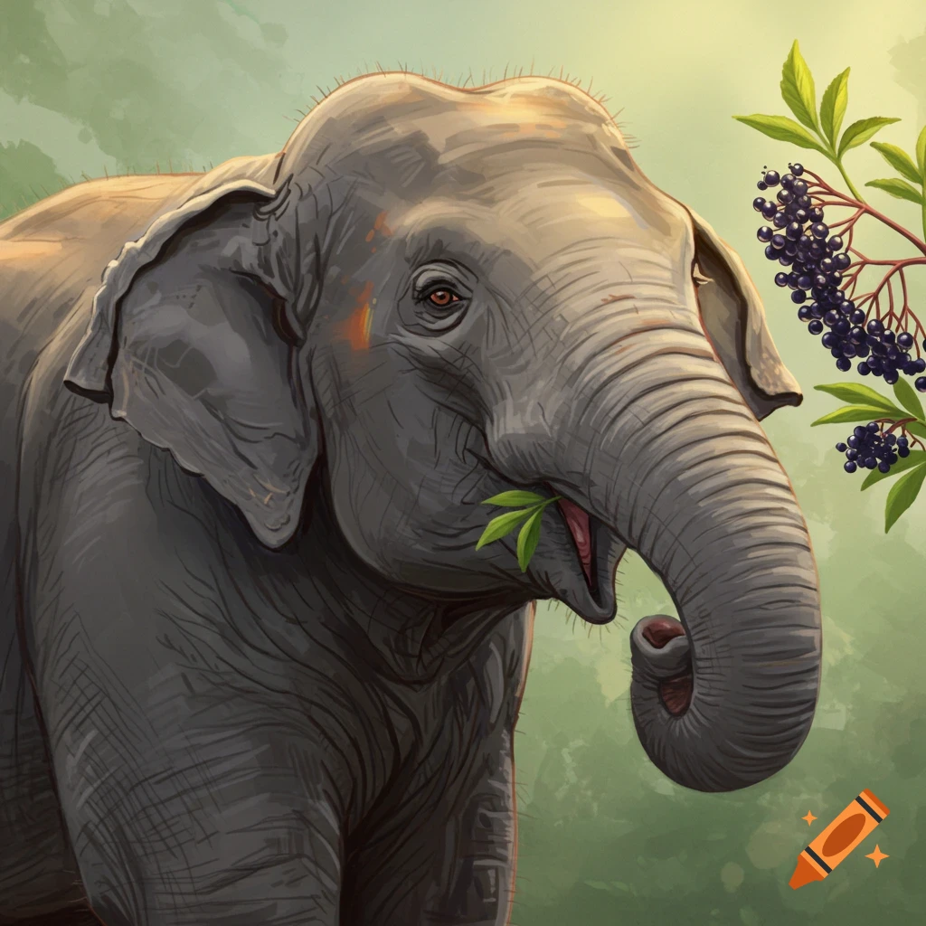 An illustrated elephant eating leaves near berry branches.