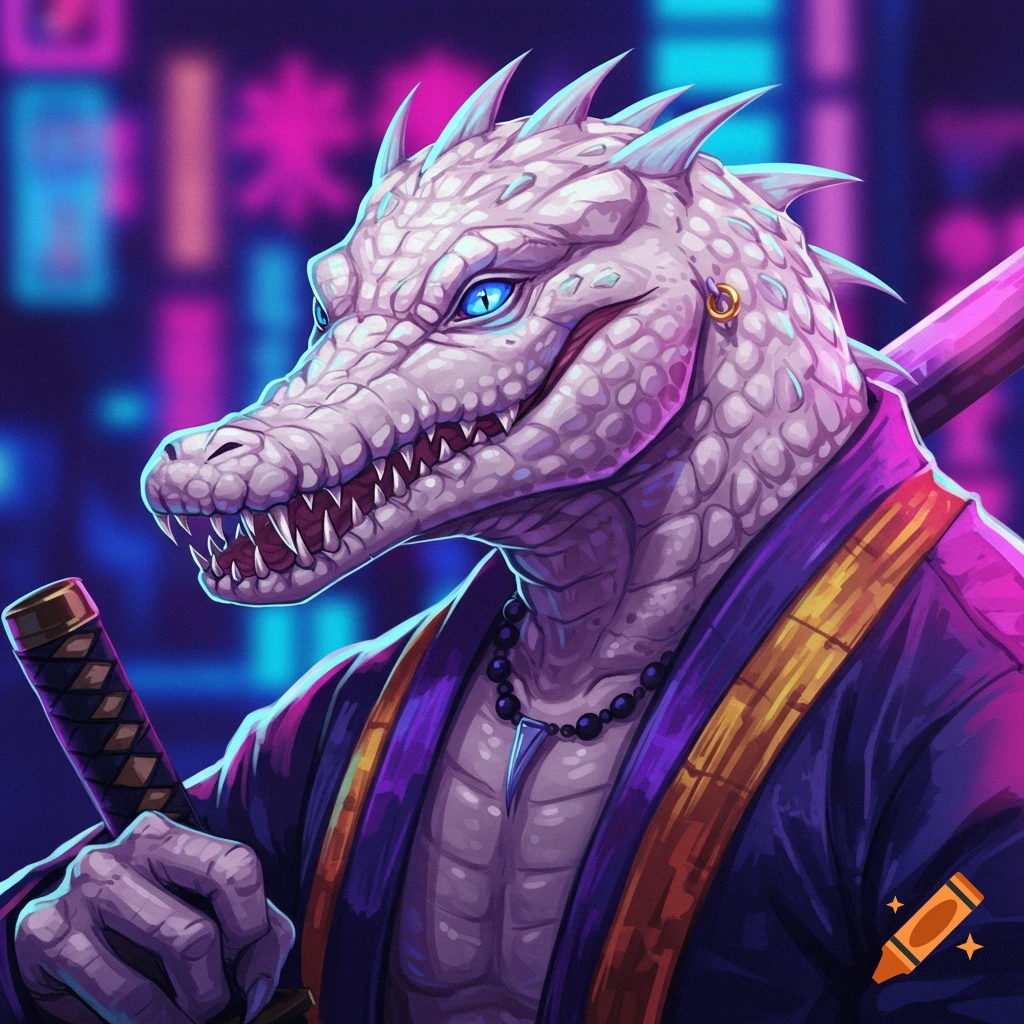 Anime portrait of an albino crocodile demihuman in a purple robe with a katana against a neon city background.