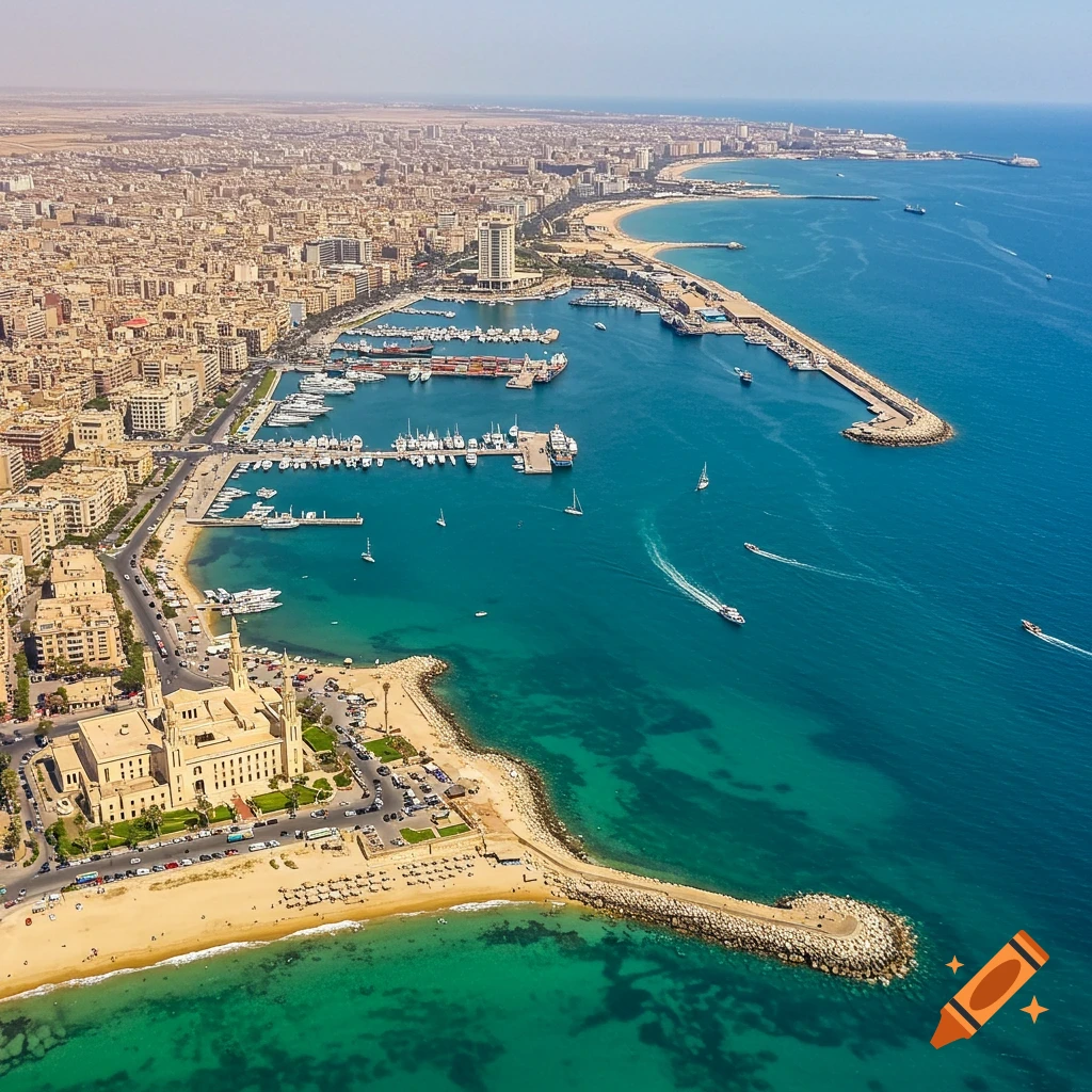 Aerial view of a bustling city harbor and coastline with boats, buildings, and a beach.