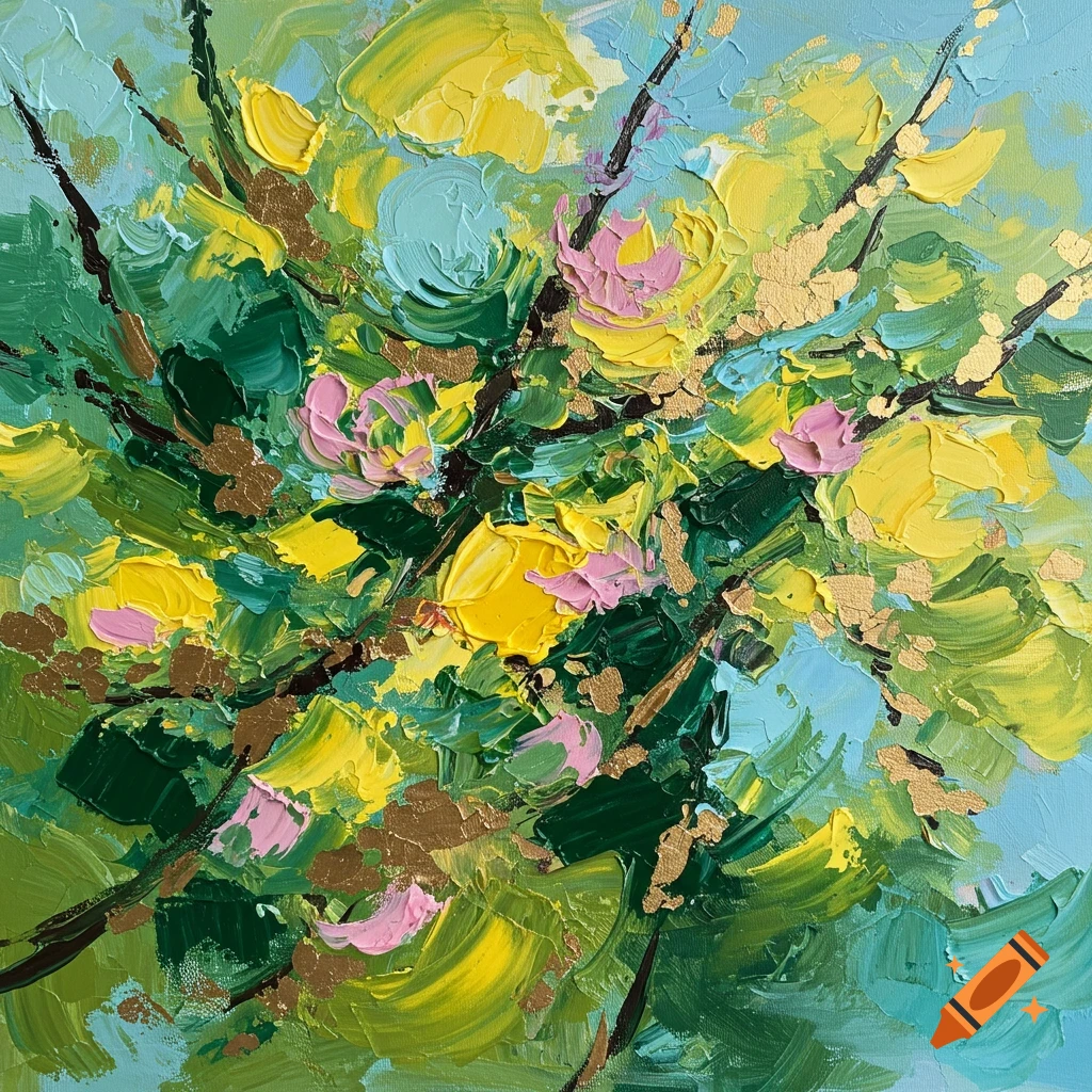 Abstract painting of flowers and branches with thick texture and gold accents.