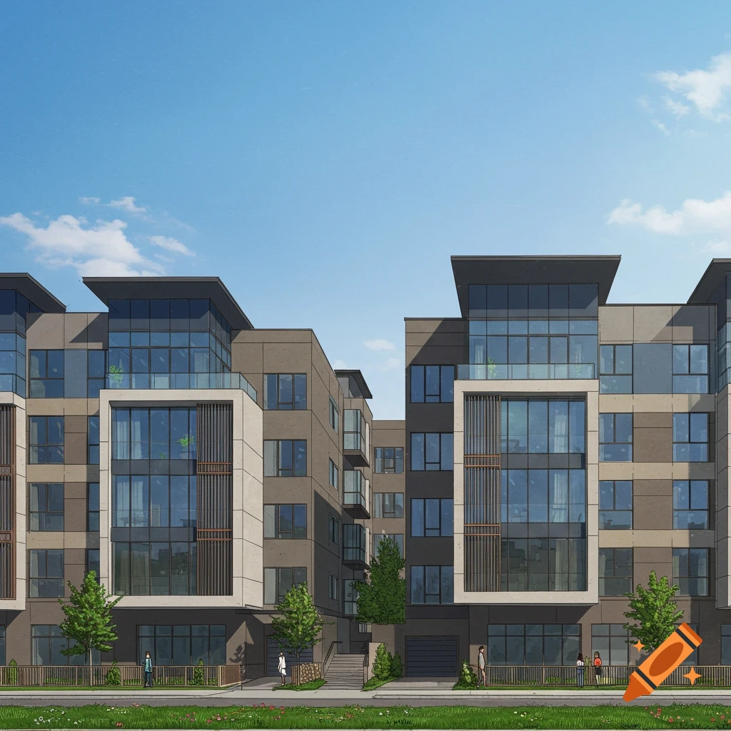 Modern apartment complex rendering with people walking outside.