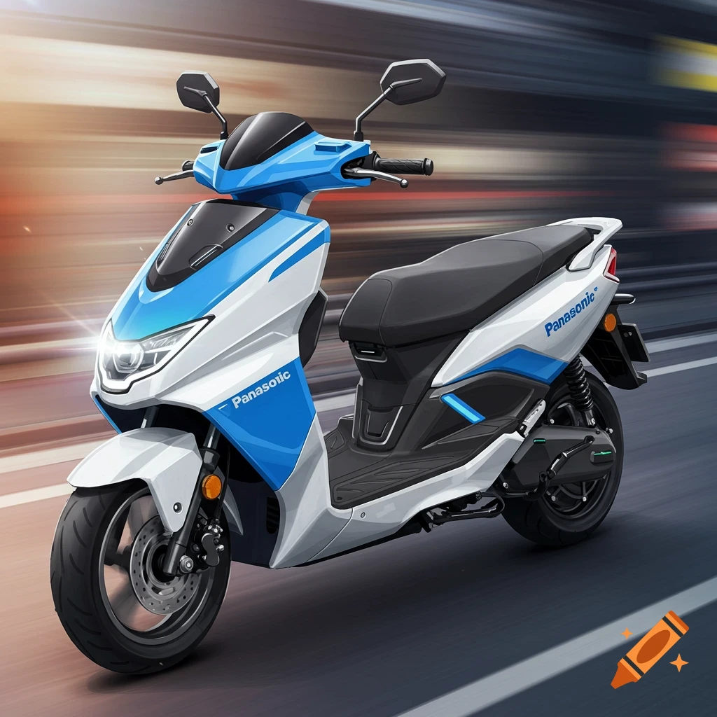 White and blue Panasonic electric scooter in motion on a road