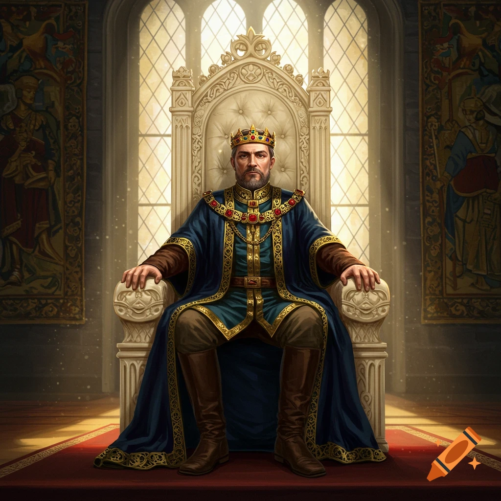 A regal king sits on a throne in a grand hall with tall windows and tapestries.