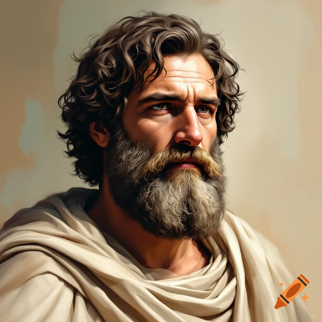 Painterly portrait of a man resembling a Greek philosopher with beard and draped cloth.