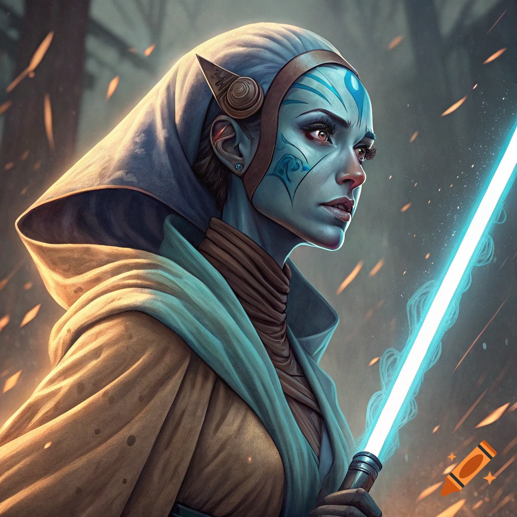 Blue-skinned character with facial markings holds a glowing lightsaber in a cinematic scene.