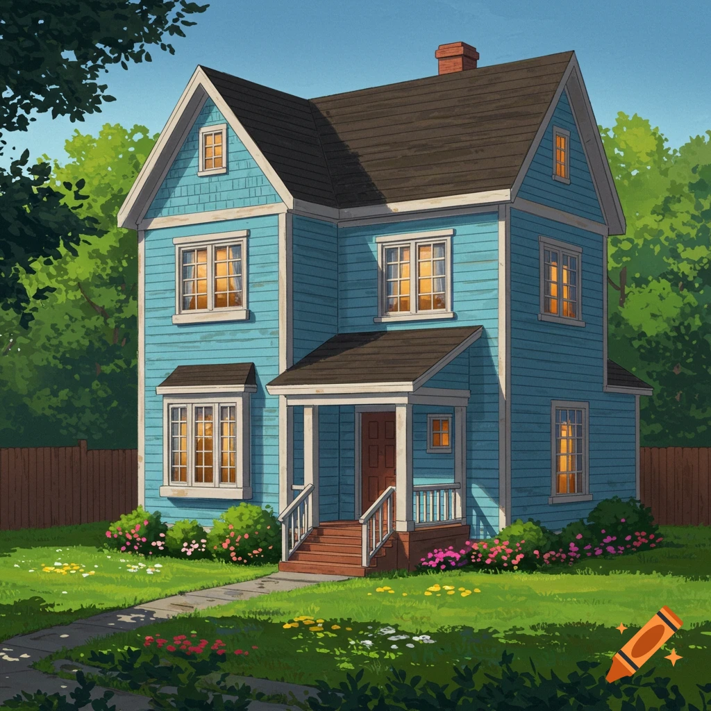 A blue house with a porch and garden under a blue sky, in an illustrative style.