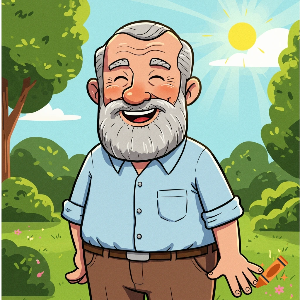 A happy cartoon old man with a beard stands in a park.