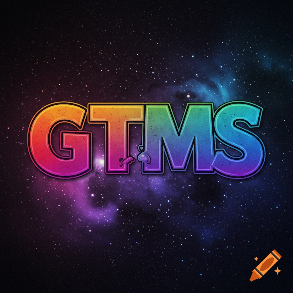 Rainbow gradient text GTMS over a starry space background with nebulae.