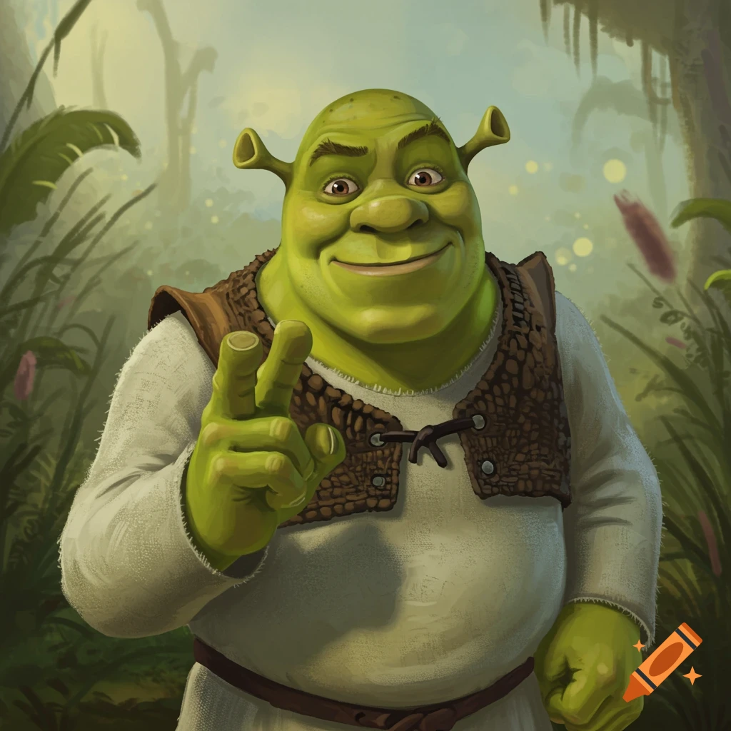 Shrek makes a V-sign gesture in a swampy forest.