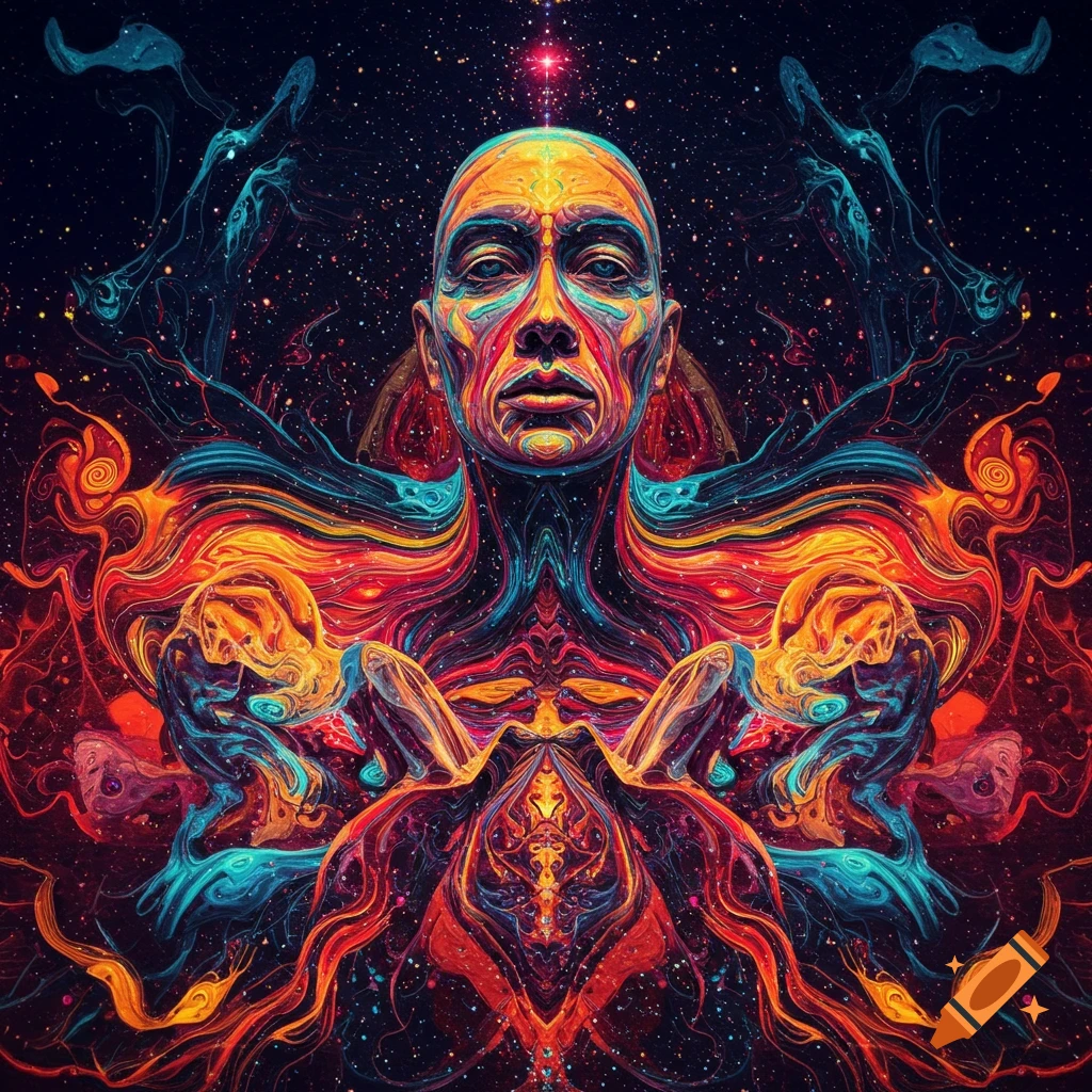Psychedelic abstract portrait of a figure dissolving into colorful cosmic patterns.