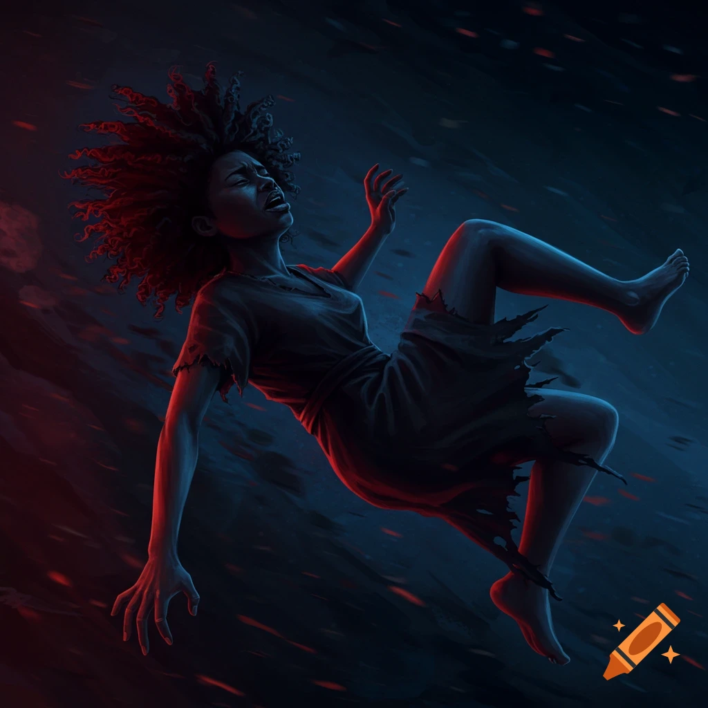 Illustrative portrait of a Black woman falling backward with red lighting.