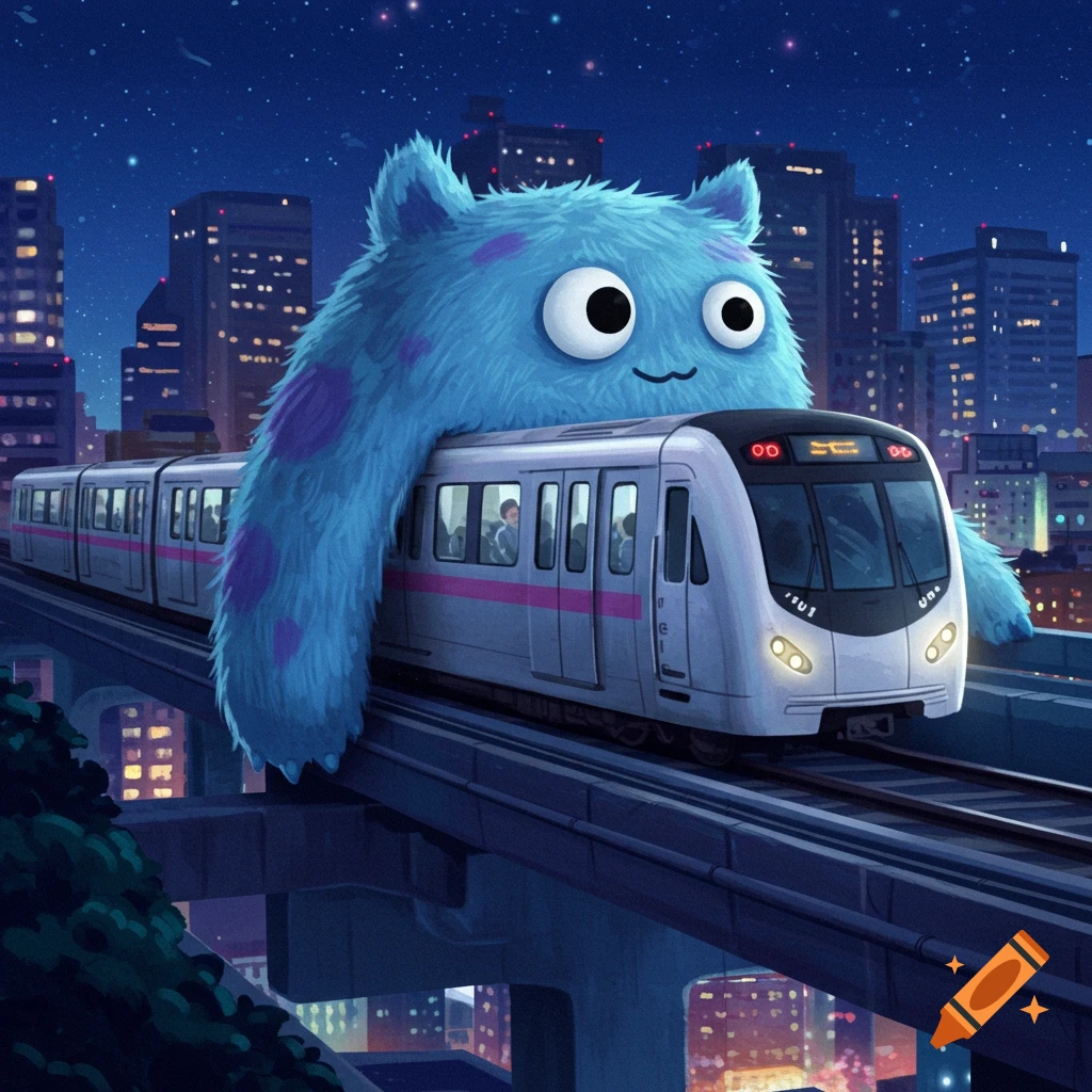 A large blue monster with purple spots sits on a train traveling through a city at night.