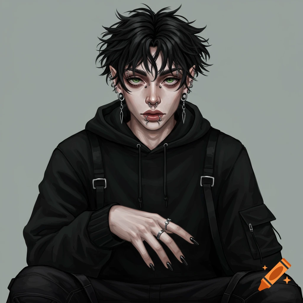 Portrait of a person with dark hair, green eyes, face piercings, black hoodie, and painted nails, digital art