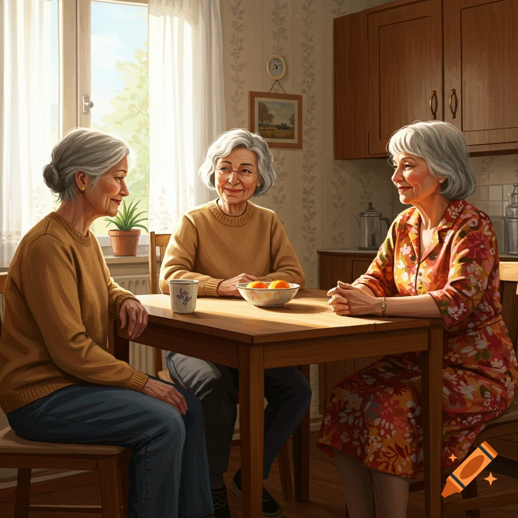 Three elderly women talk at a table in a sunny kitchen.