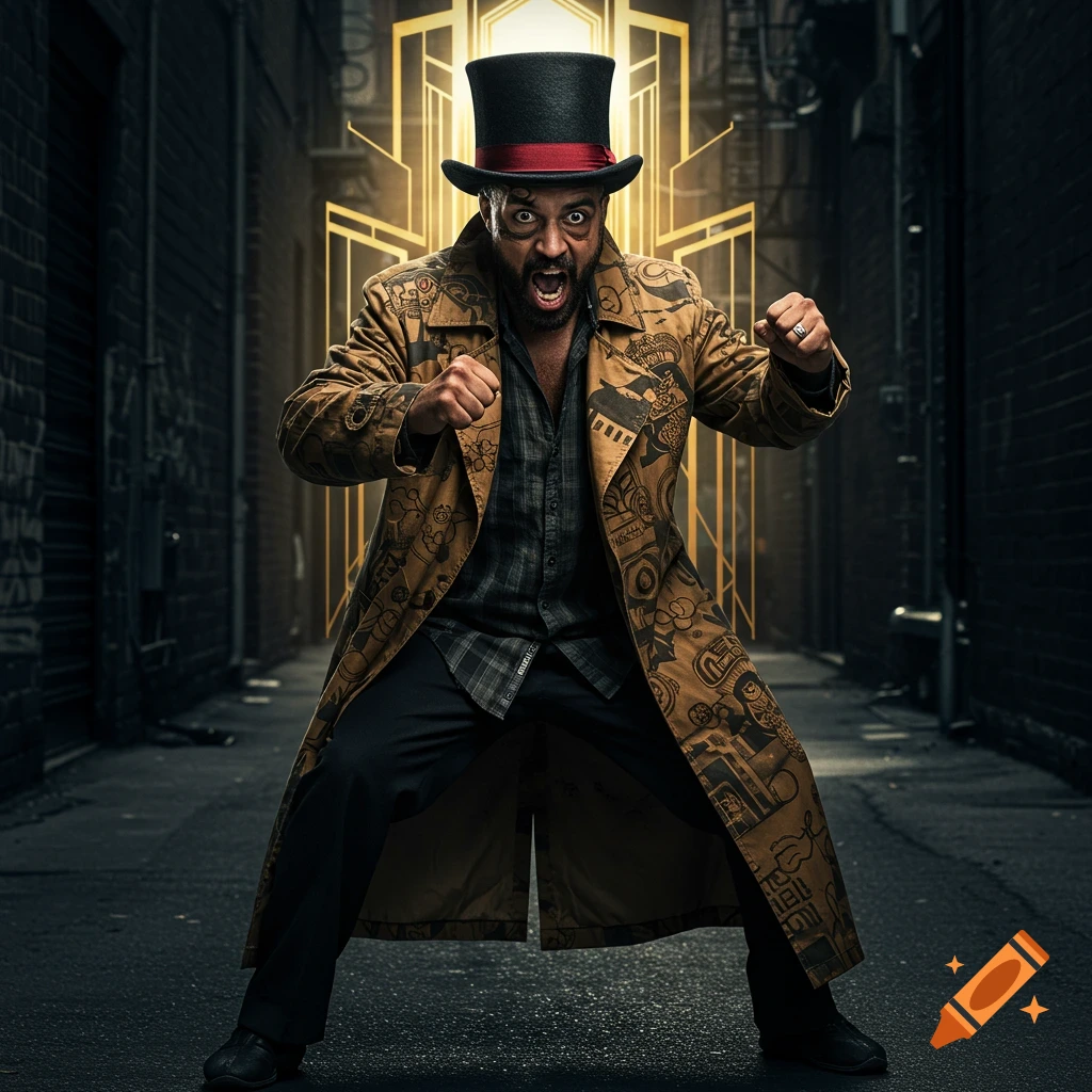 Man in a top hat and trench coat making a fighting pose in an alley with glowing Art Deco gates