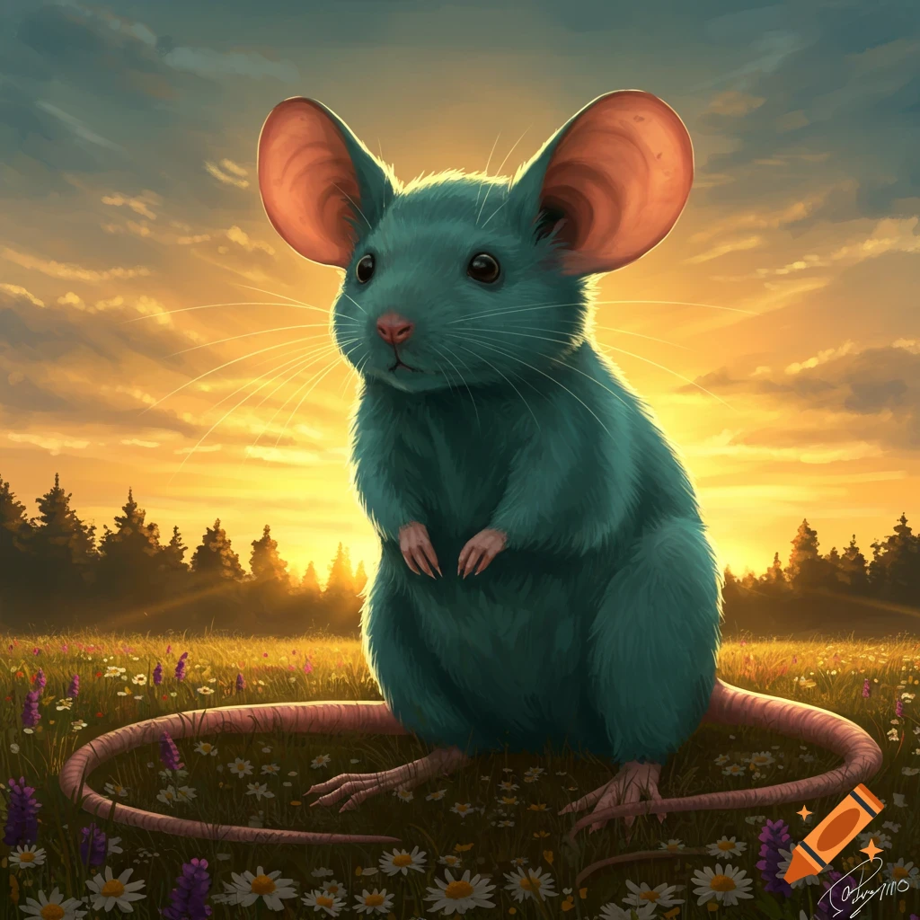 A giant teal mouse sits in a field of flowers at sunset.