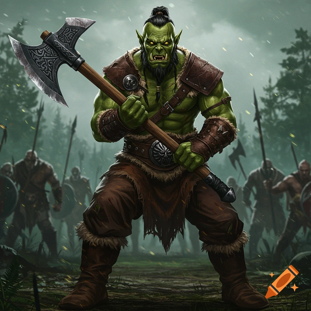Green-skinned fantasy barbarian holding a large battle axe in a forest, with blurred figures behind him.