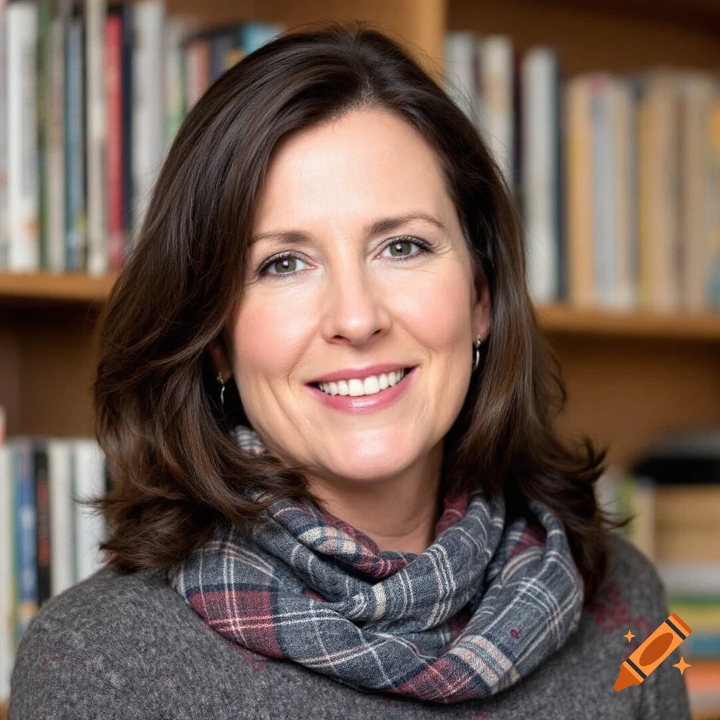 A smiling woman in a sweater and scarf stands in front of a bookshelf.