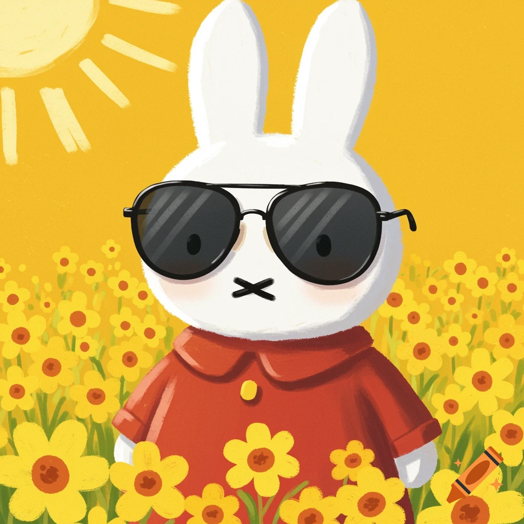 Illustration of a white cartoon rabbit wearing sunglasses in a field of yellow flowers under a sun.
