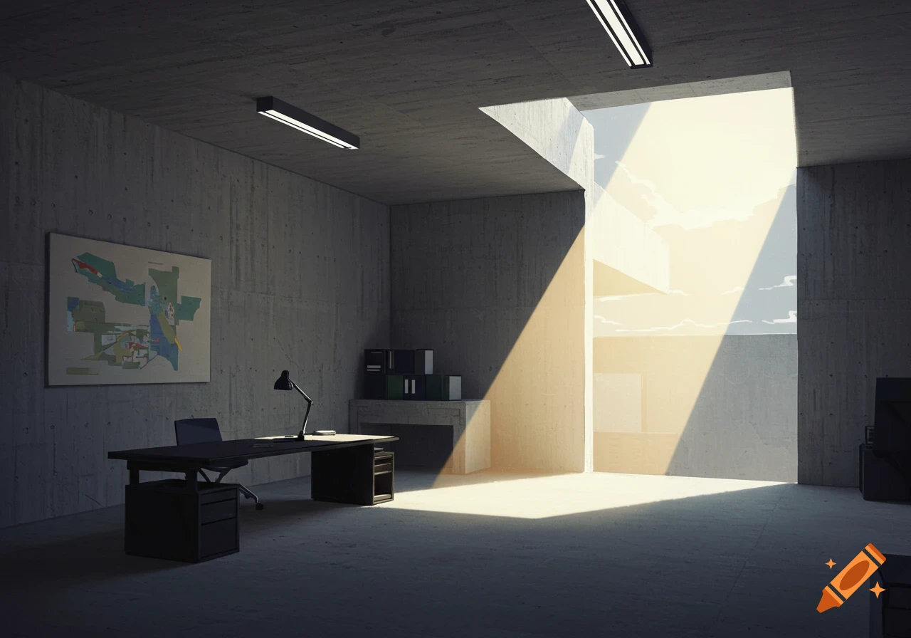Brutalist office interior with a large sunbeam from a window