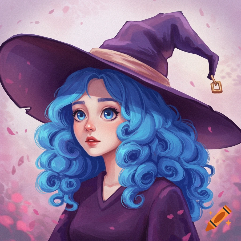 Illustration of a girl with blue curly hair and a purple witch hat, stylized.