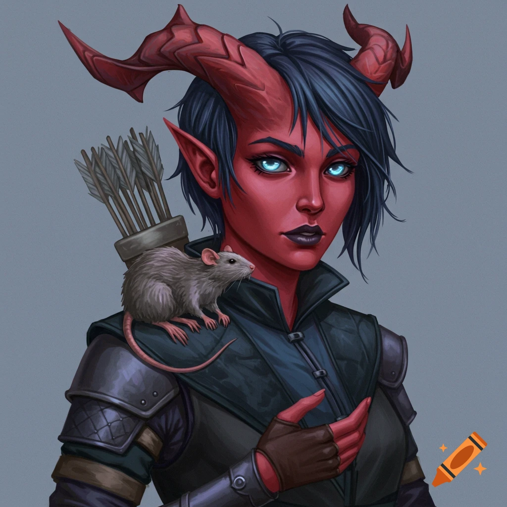 Fantasy illustration of a red-skinned tiefling with a rat on her shoulder.