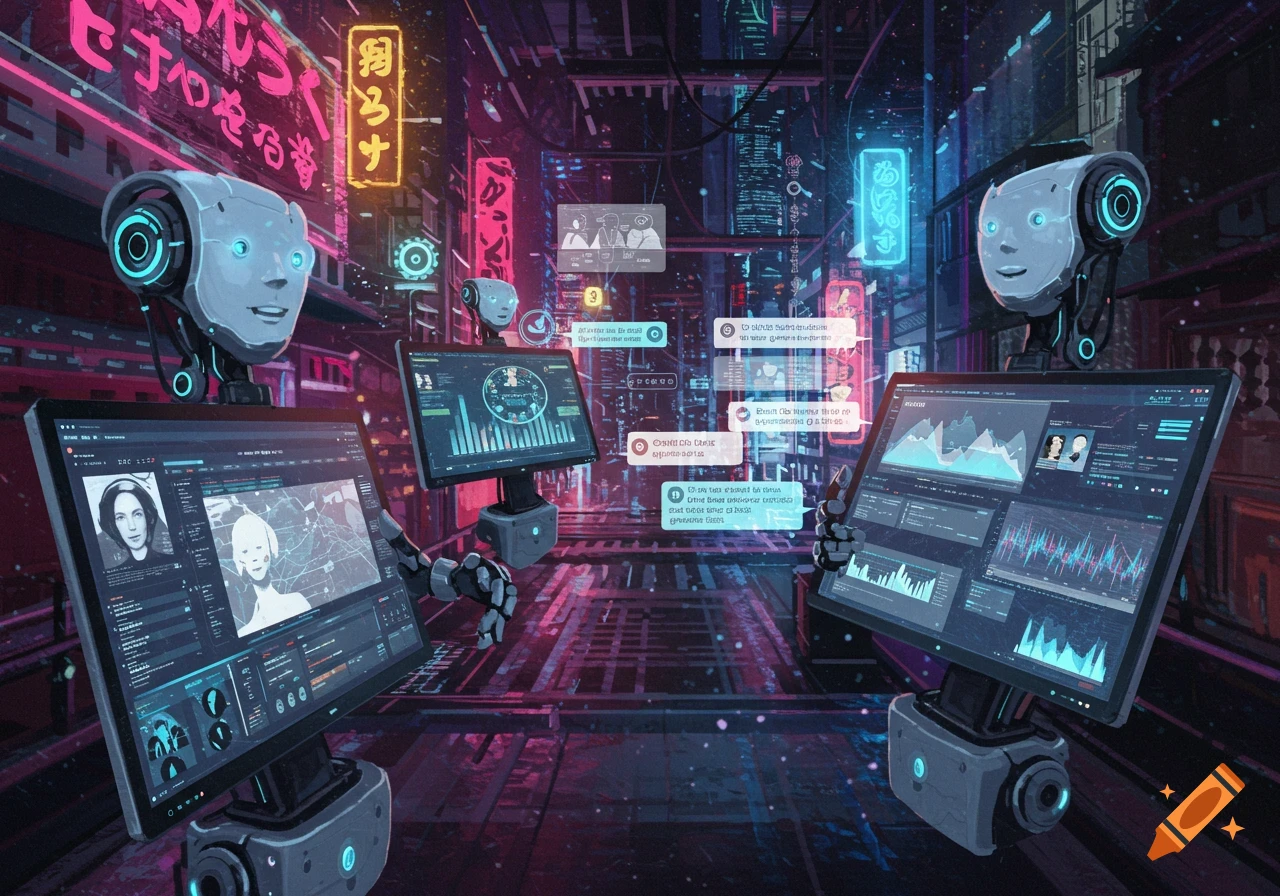 Two robots look at screens displaying data in a neon-lit cyberpunk city street. Digital art.