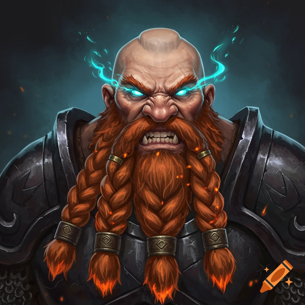 A fierce dwarf with a braided red beard, glowing blue eyes, and dark armor.