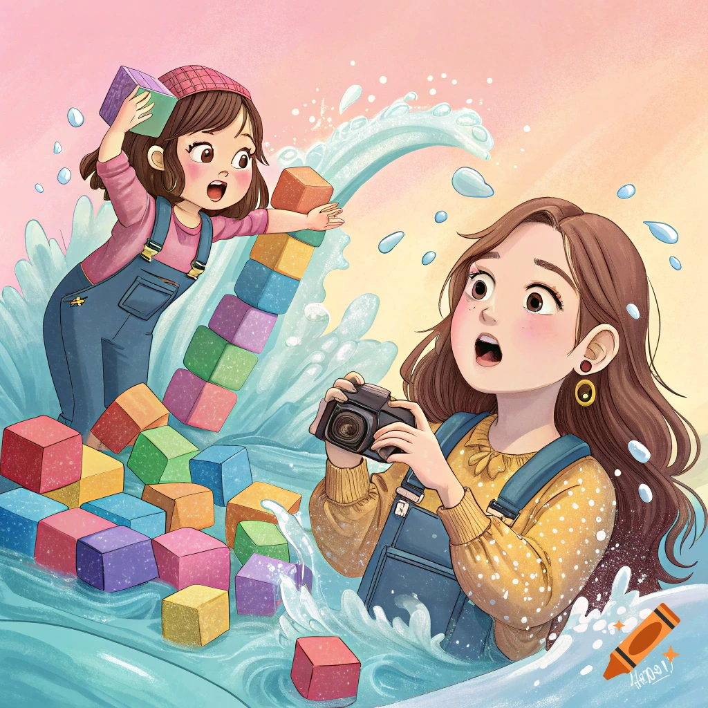 Two cartoon girls play in water with colorful blocks, one stacking them and the other looking surprised while holding a camera.