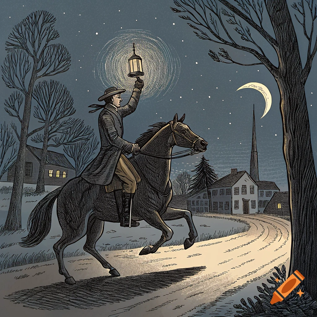 Engraving of a person on a horse riding through a village at night, holding up a lantern.