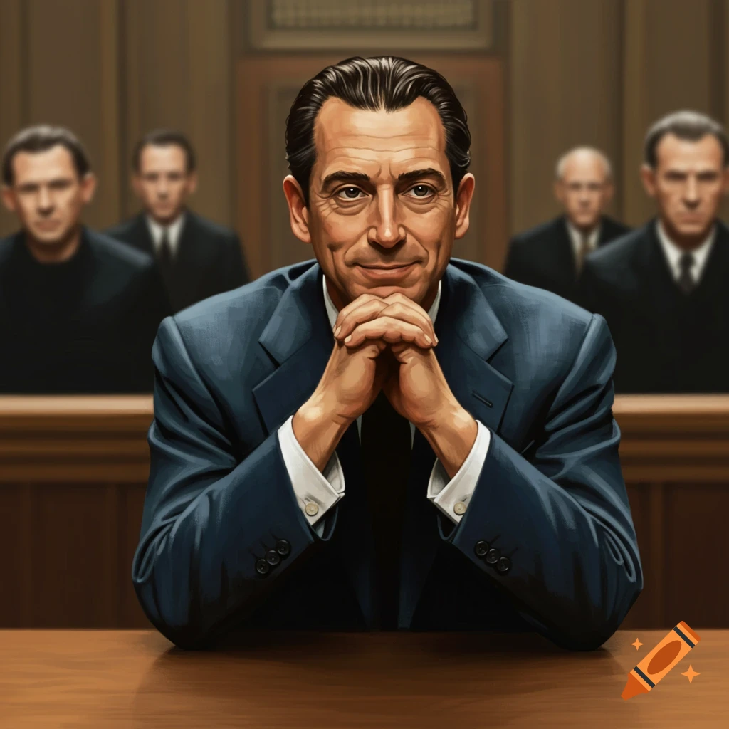 A man in a dark suit sits at a table, hands clasped, in a courtroom.