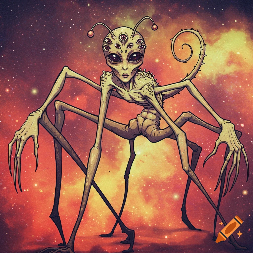 An alien creature with multiple eyes, long limbs, claws, and antennae against a space background.