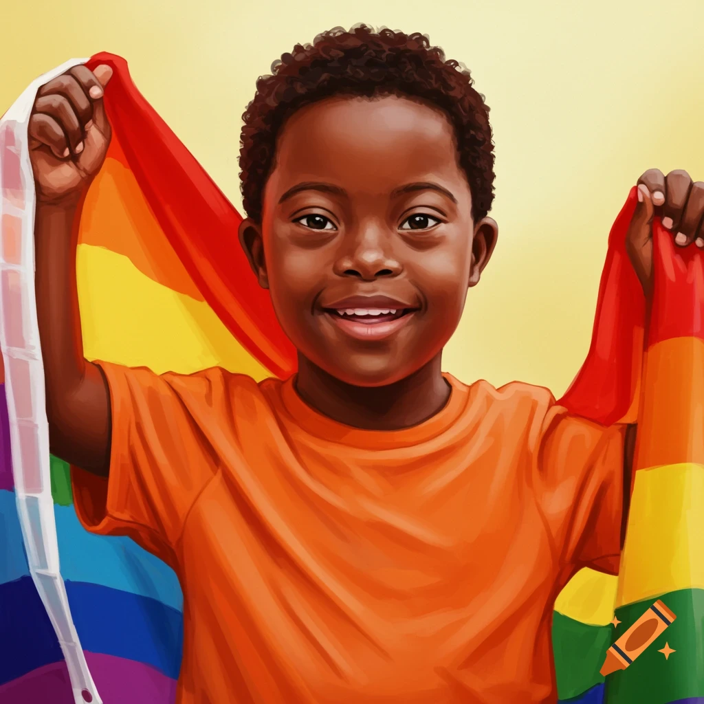 Portrait of a young Black boy smiling and holding up a rainbow pride flag.