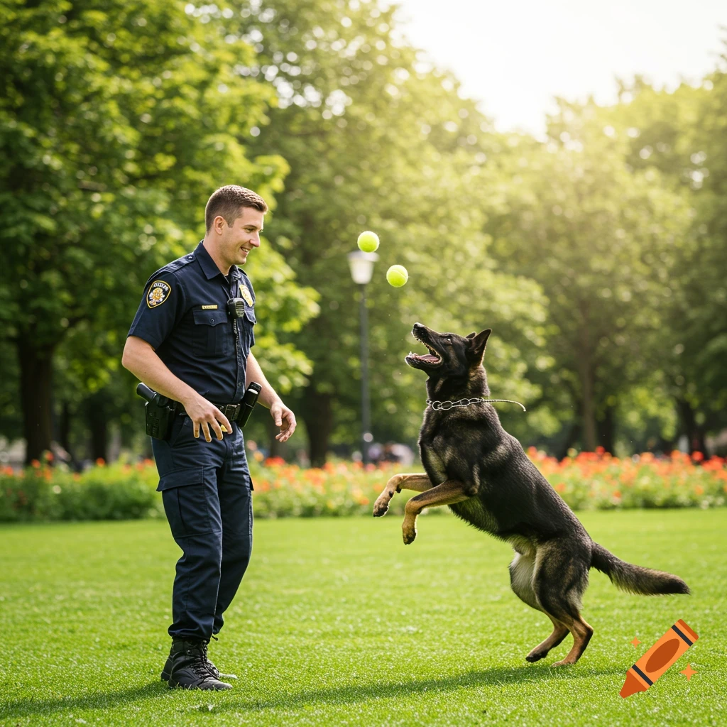A police officer plays fetch with a German Shepherd dog throwing tennis balls in a sunny park.