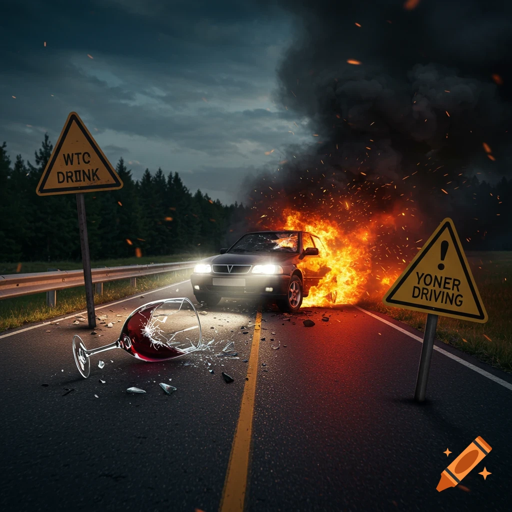 A burning car on a dark road next to a broken wine glass and warning signs, depicting a drunk driving accident.