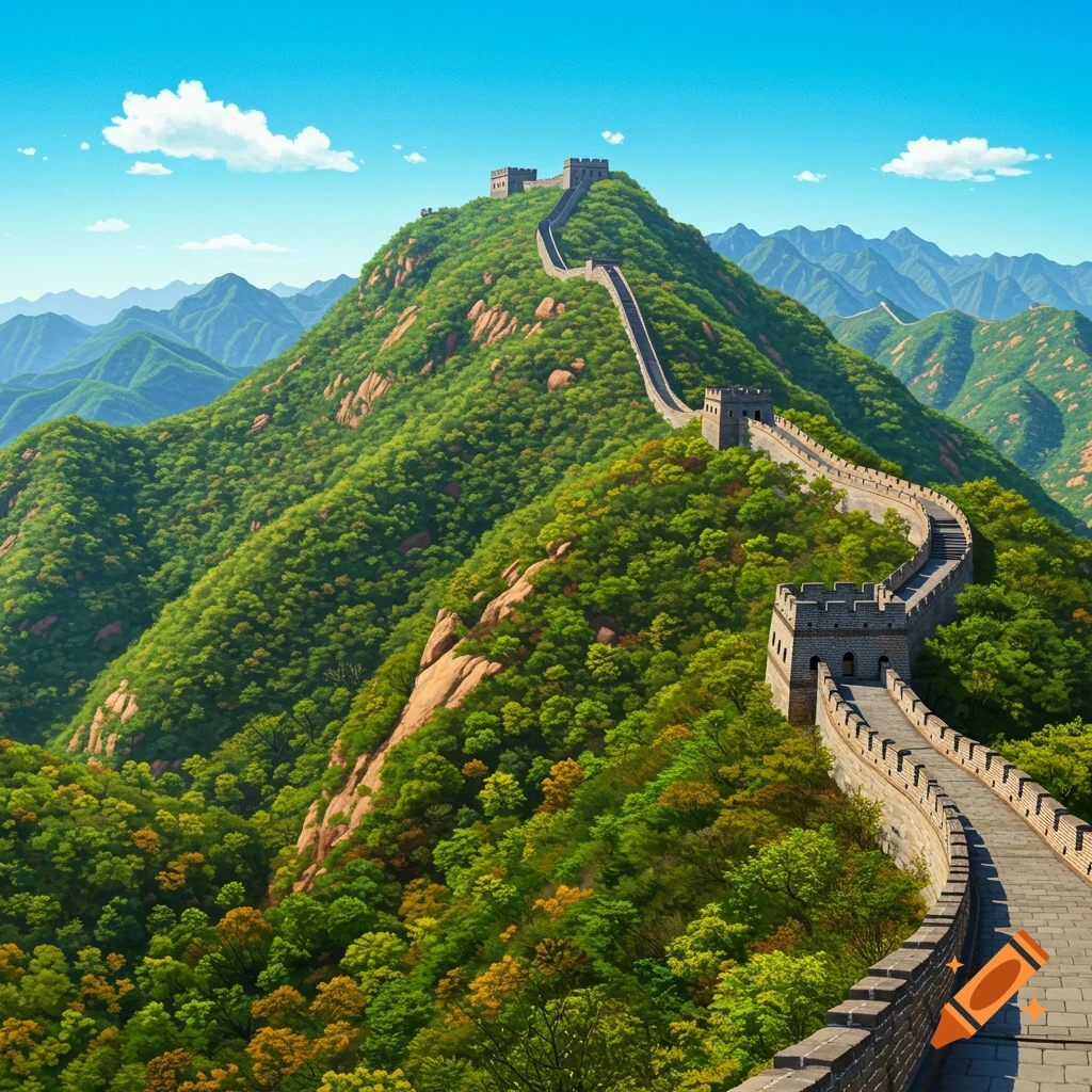 The Great Wall of China winds over lush green mountains under a bright blue sky.